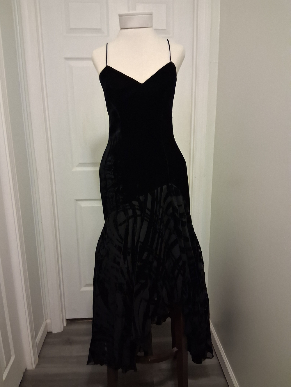 Cache Black Velvet & Sheer Asymmetrical Slip Dress